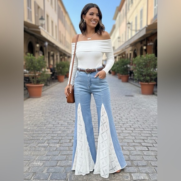 Pants - ✨ Boho Lace Flare Denim Pants | Western Festival Cowgirl Jeans – 34” Inseam